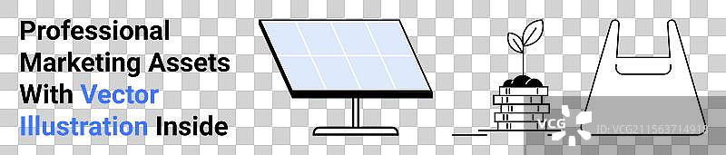 太阳能电池板上长出植物与硬币和环保主题图片素材