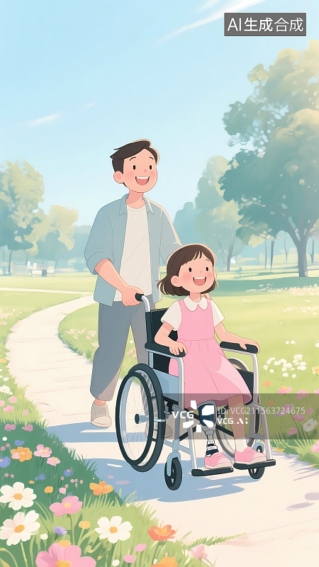 【AI数字艺术】残疾人坐轮椅逛公园 仿生脚 智能假肢 科技助残 全国助残日 关爱残疾人 慈善 海报 背景 插画图片素材
