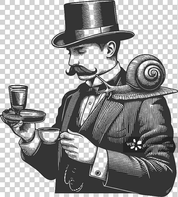 肩膀上有蜗牛的绅士雕刻图片素材