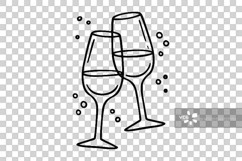 两只酒杯的葡萄酒或香槟涂鸦轮廓手绘图片素材