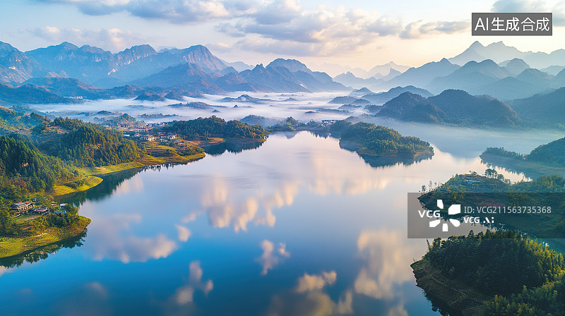 【AI数字艺术】航拍视角山川河流自然风光3D渲染图片素材