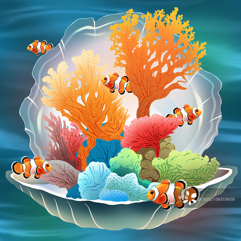 手绘插画-海洋生态环境-深海鱼-尼莫-珊瑚-贝壳图片素材