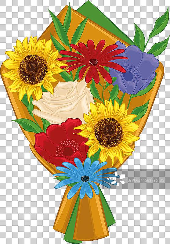 逼真的详细花束，包含玫瑰和雏菊图片素材