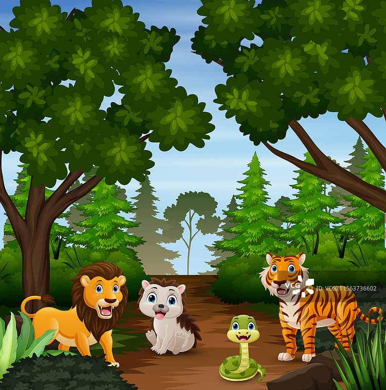 可爱的野生动物卡通在丛林中图片素材