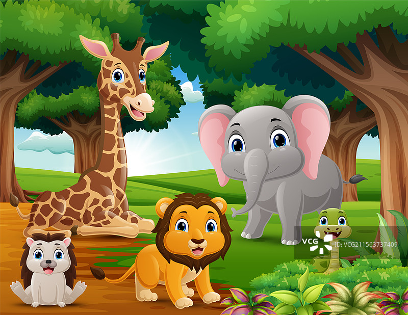 可爱的野生动物卡通在丛林中图片素材