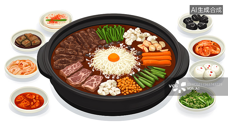 【AI数字艺术】韩国火锅及配菜图片素材
