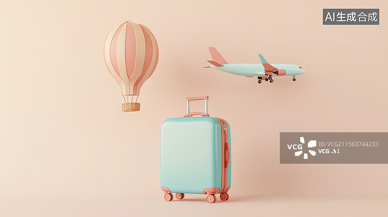 【AI数字艺术】飞机行李箱与旅行主题3D渲染图片素材