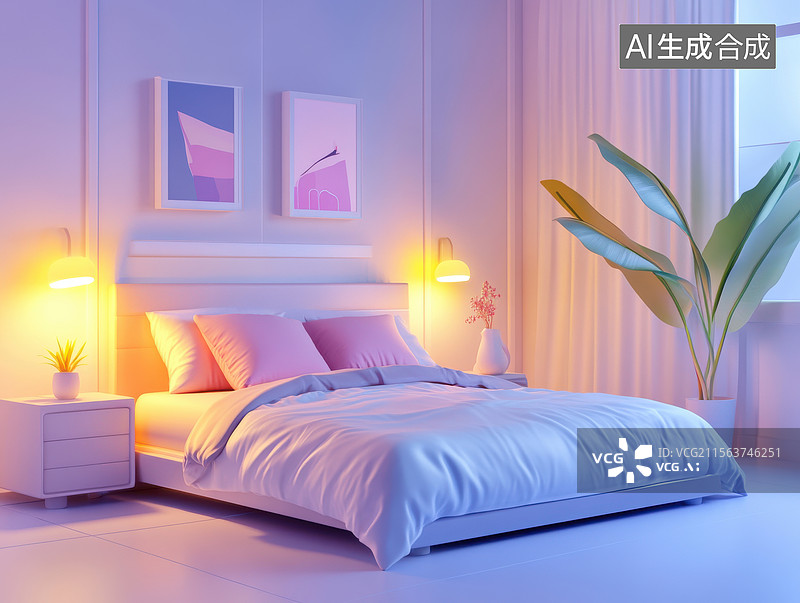 【AI数字艺术】现代卧室的紫色灯光氛围图片素材