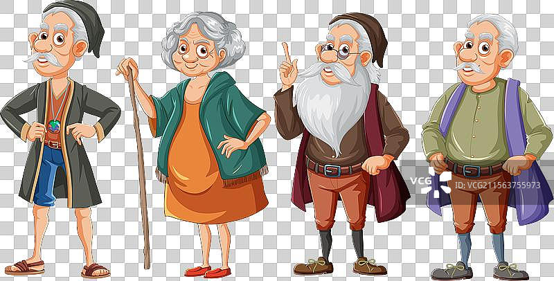 四个老年卡通角色站在一起图片素材