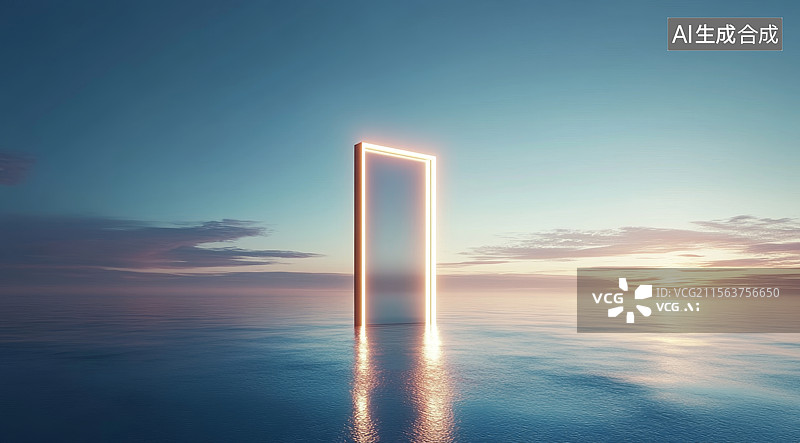 【AI数字艺术】发光的门在海面上图片素材