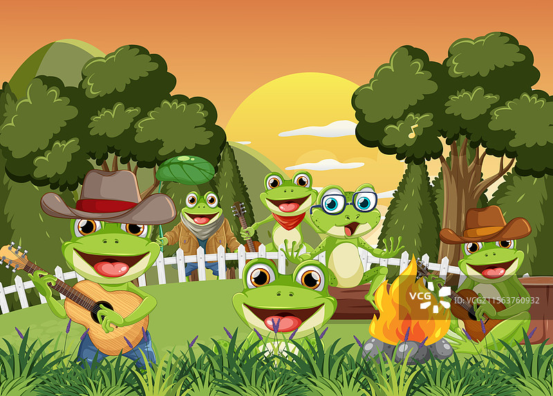 青蛙们在篝火旁演奏音乐图片素材