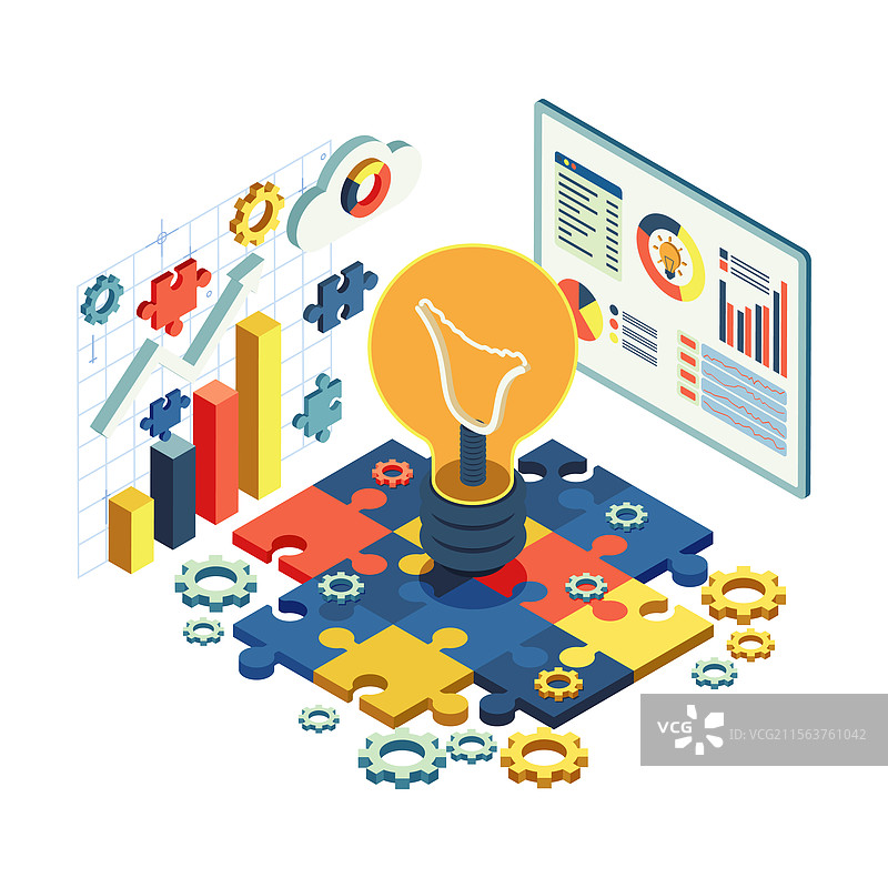 等距灯泡与拼图块象征着图片素材