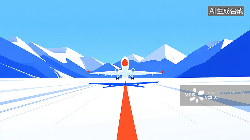 【AI数字艺术】扁平风雪山背景下机场起飞的飞机插画图片素材