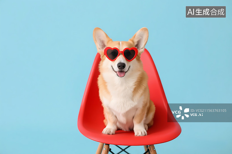 【AI数字艺术】带墨镜的柯基犬坐在红色的凳子上 狗 爱心形墨镜 清新 可爱 柯基狗 广告素材 时尚图片素材