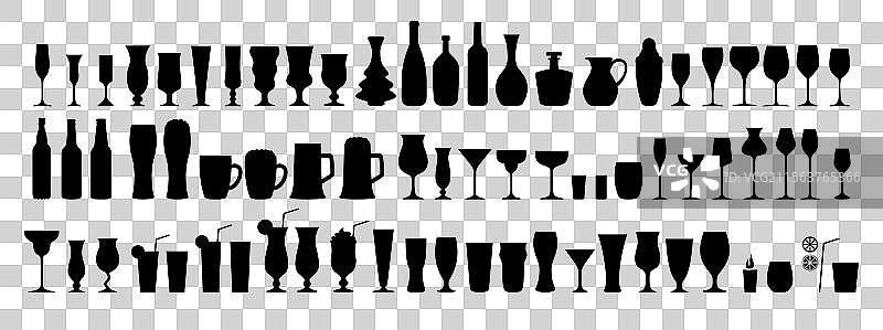 酒吧各种酒精鸡尾酒杯的剪影图片素材