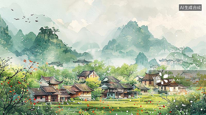 【AI数字艺术】水墨田园诗意人家   山水间的宁静村落图片素材
