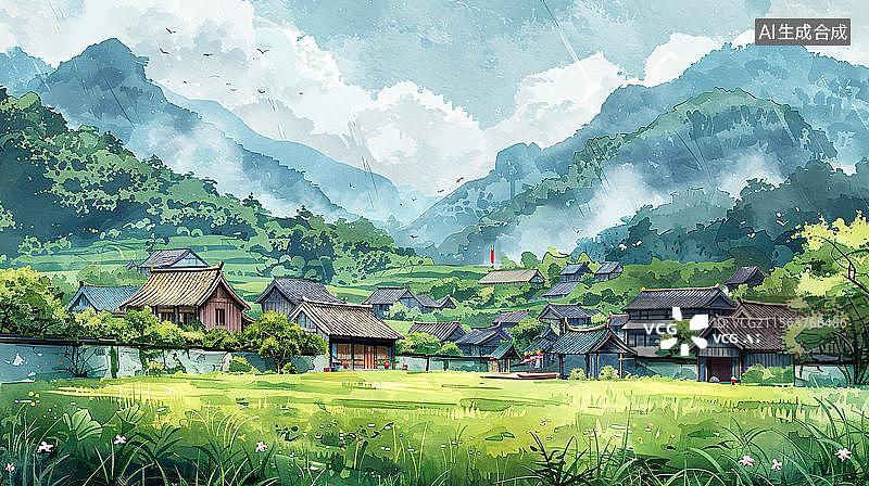 【AI数字艺术】水墨田园诗意人家   山水间的宁静村落图片素材
