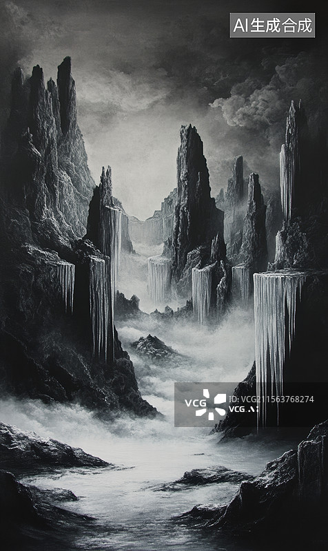 【AI数字艺术】冰瀑奇观在山崖图片素材