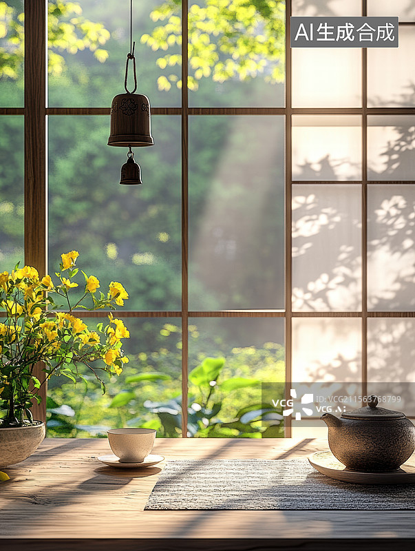 【AI数字艺术】静谧茶室映绿意图片素材