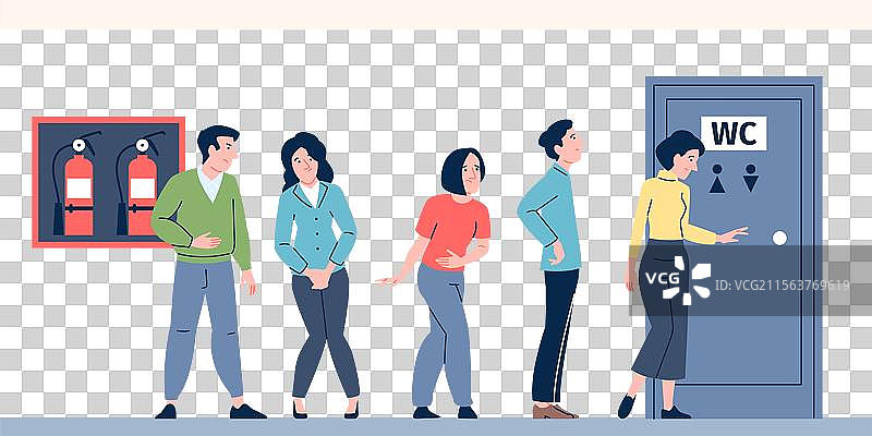 排队等候公共厕所的男女想要上厕所图片素材