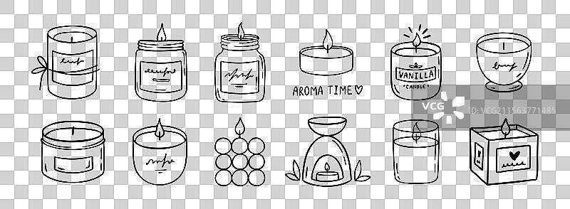 蜡烛涂鸦手绘图标集不同款式图片素材