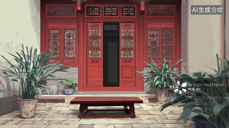 【AI数字艺术】中式建筑庭院手绘插画图片素材