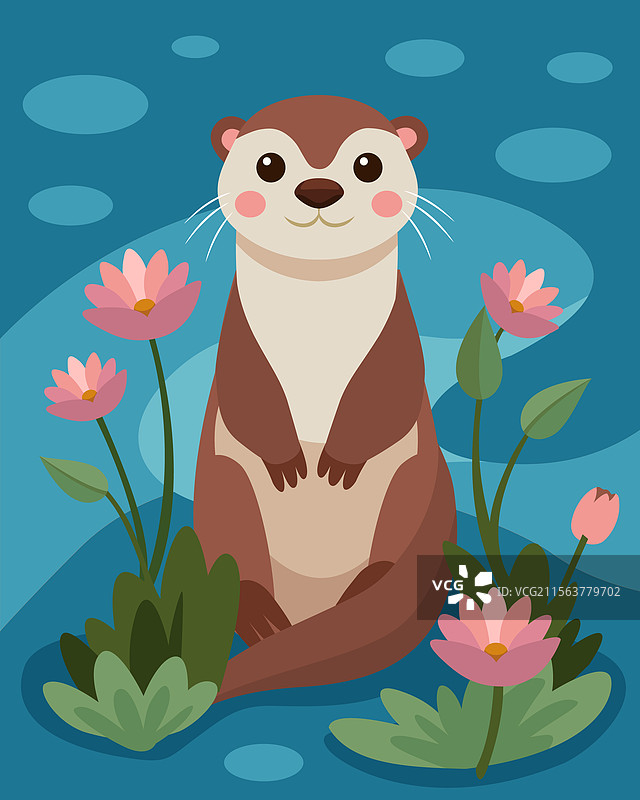 可爱的水獺与水百合平铺在一起图片素材