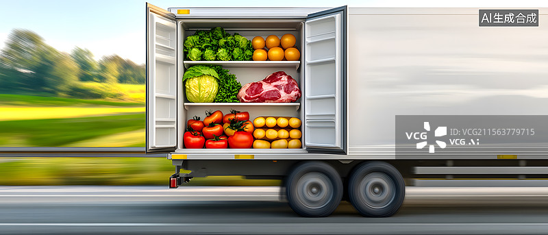 【AI数字艺术】运输卡车装载新鲜蔬菜和肉类图片素材
