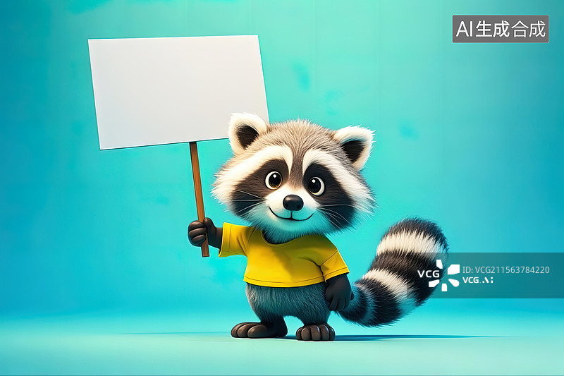 【AI数字艺术】举着空白广告牌的小浣熊卡通插画图片素材