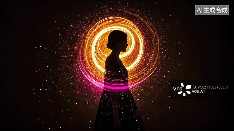 【AI数字艺术】黑暗空间中光粒子环绕的卡通人物剪影图图片素材