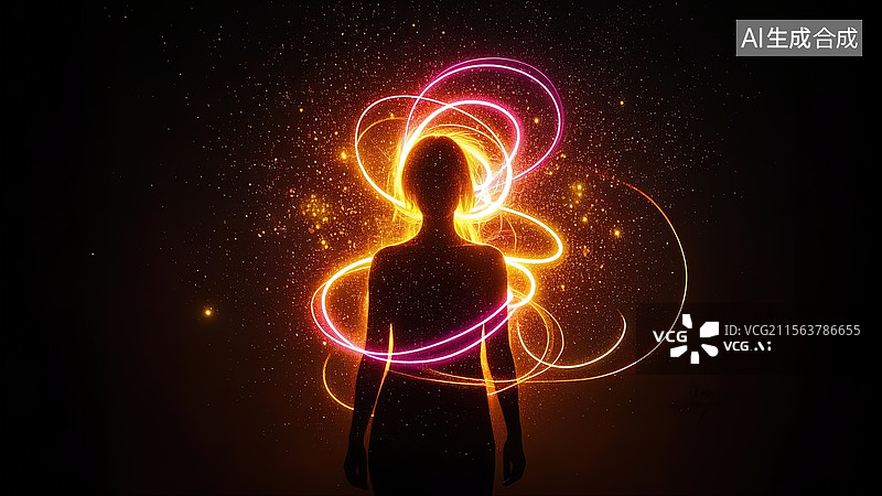 【AI数字艺术】黑暗空间中光粒子环绕的卡通人物剪影图图片素材