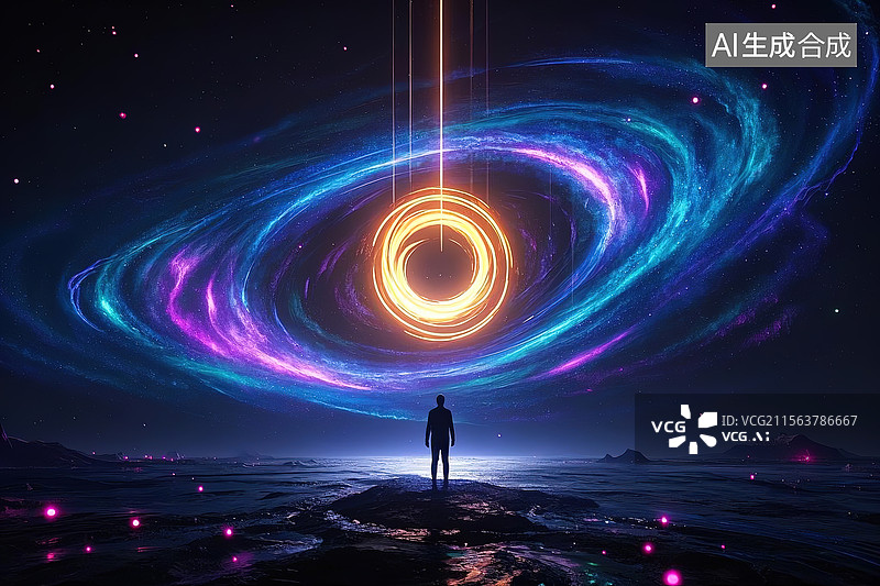 【AI数字艺术】黑暗空间中光粒子环绕的卡通人物剪影图图片素材
