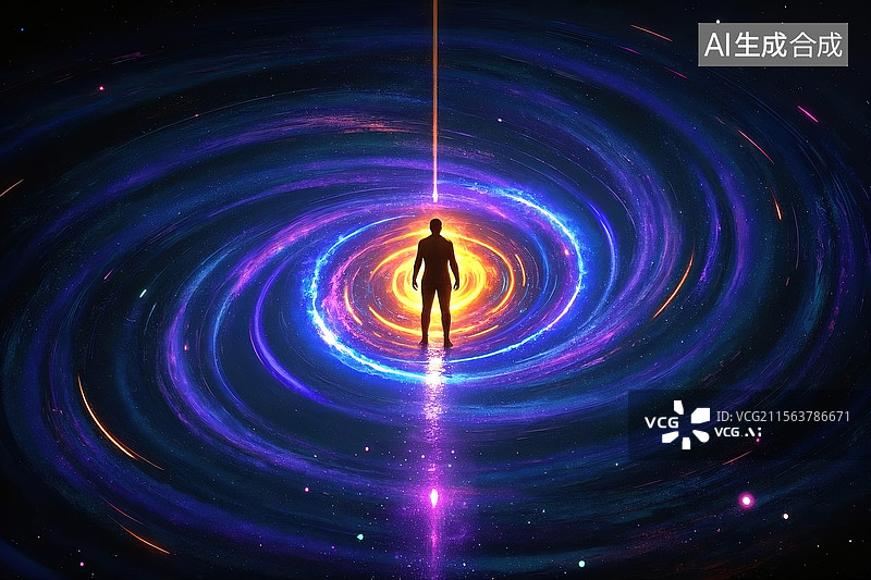 【AI数字艺术】黑暗空间中光粒子环绕的卡通人物剪影图图片素材