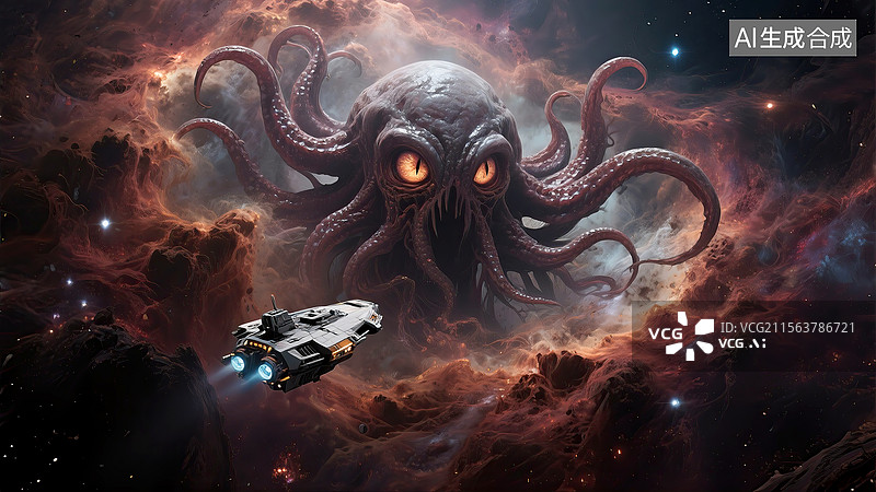 【AI数字艺术】宇宙飞船在太空中遇到克苏鲁生物图片素材