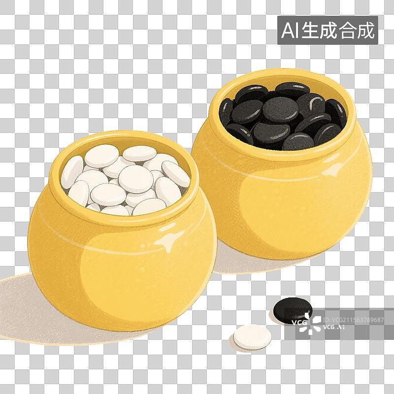 【AI数字艺术】国风手绘插画，围棋，五子棋，棋子，棋盒，装在陶瓷罐子里的围棋，免抠元素图片素材