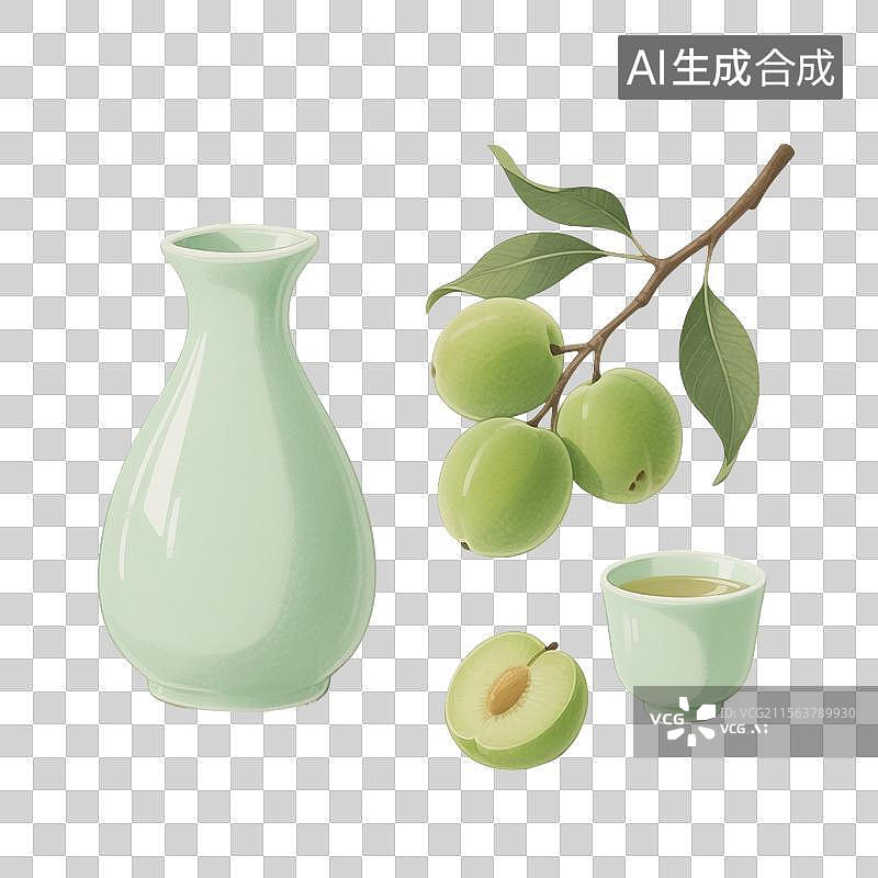 【AI数字艺术】国风手绘插画，青梅酒，梅子酒，米酒，酒壶，酒坛子，酒杯，传统文化，酒文化，免抠元素图片素材