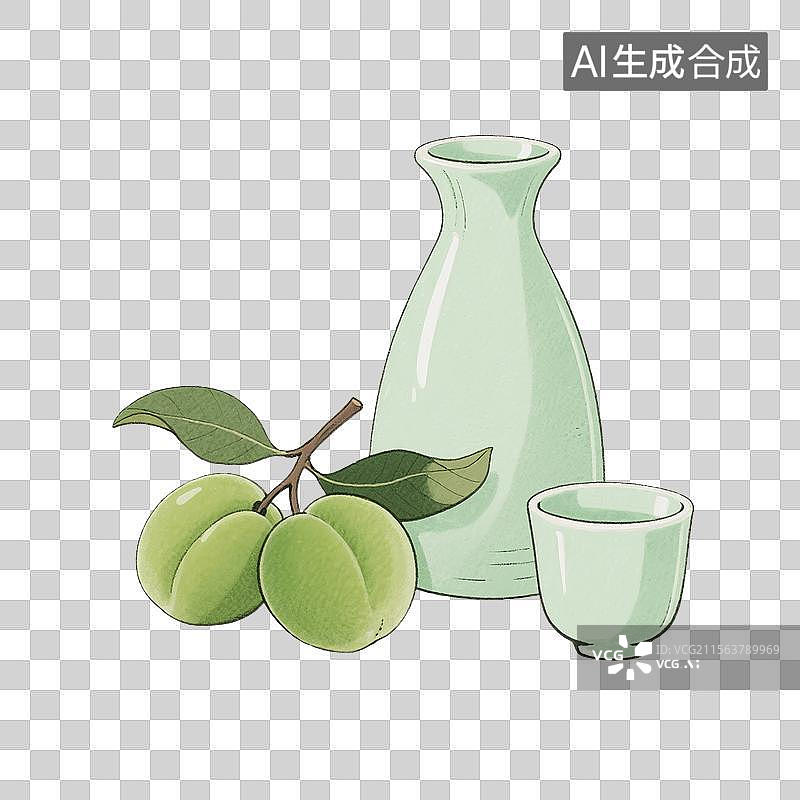 【AI数字艺术】国风手绘插画，青梅酒，梅子酒，米酒，酒壶，酒坛子，酒杯，传统文化，酒文化，免抠元素图片素材