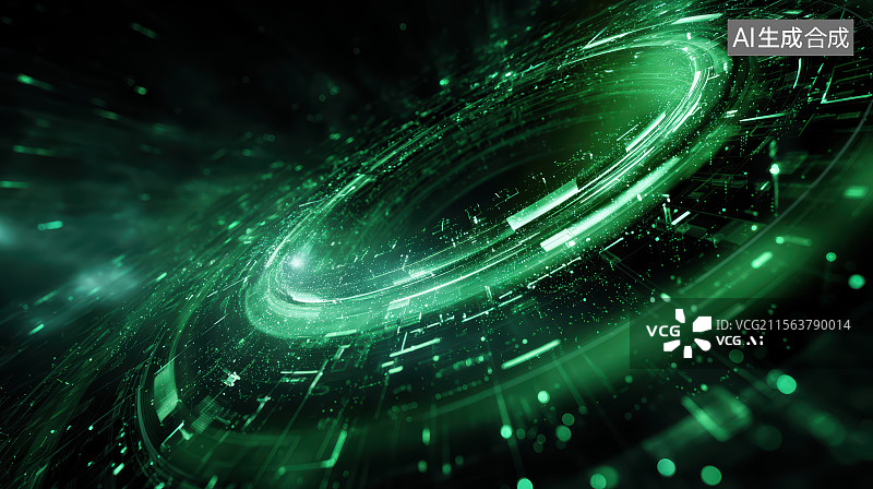 【AI数字艺术】绿色发光动感环形底座虚拟数字全息平台科技背景图片素材