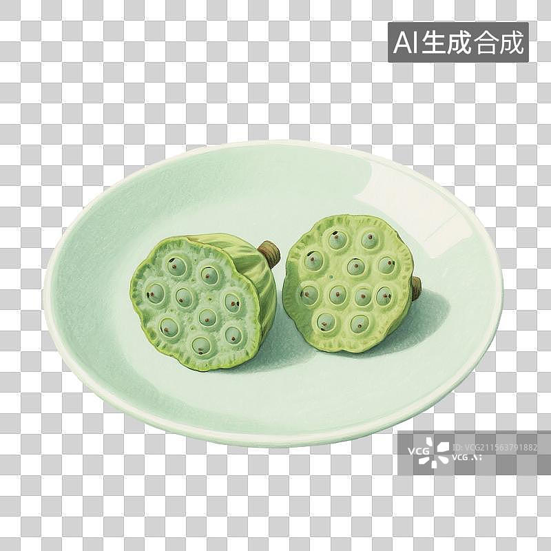 【AI数字艺术】手绘插画，国风元素，青瓷盏里放着两个莲蓬，文房清供，青瓷，中式夏天植物免抠元素图片素材