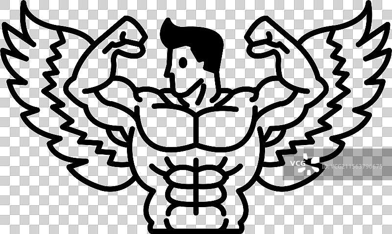 一个肌肉发达的男人展现出翅膀。图片素材