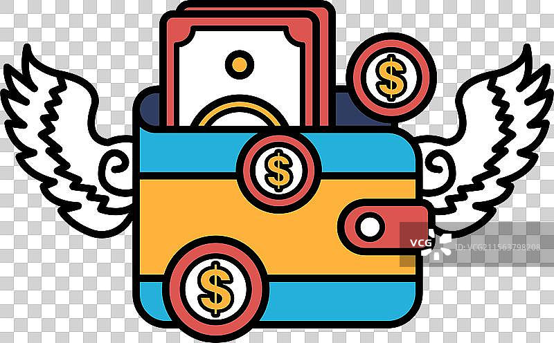 一个装满钱的钱包和一只带翅膀的物体图片素材