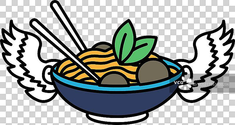 一碗面条，上面放着一片绿叶图片素材