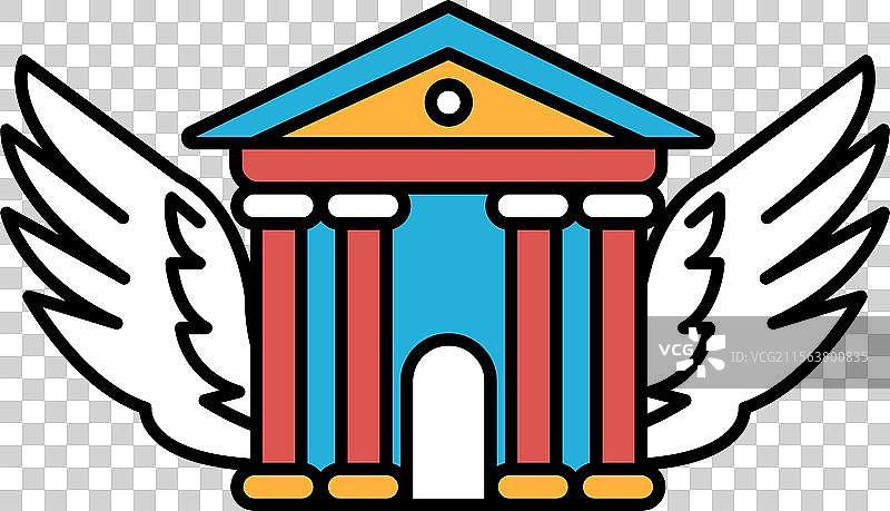 一座有蓝色和红色屋顶的白色建筑图片素材