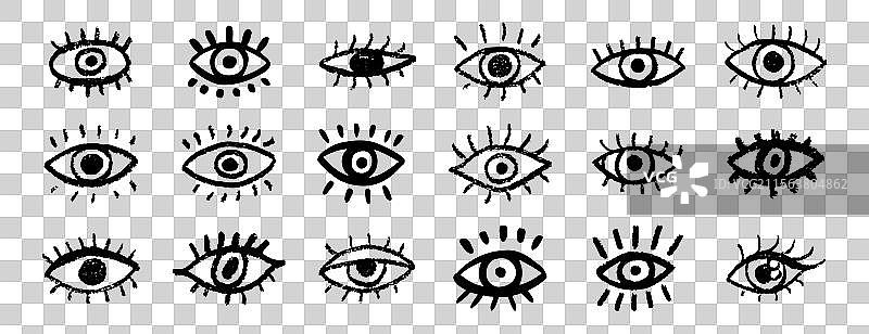 涂鸦风格的黑色破旧眼睛手绘图标集图片素材