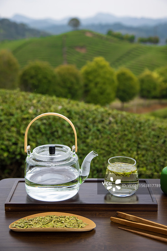 高山茶园里桌上摆放的茶具与绿茶图片素材