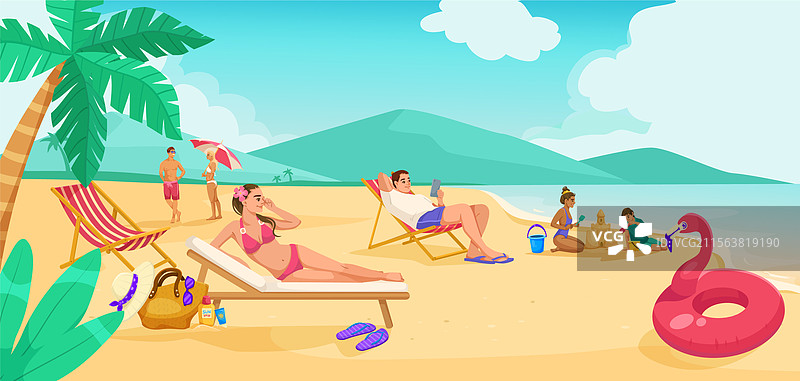 人们在阳光明媚的海滩上享受时光，背景是山丘。图片素材