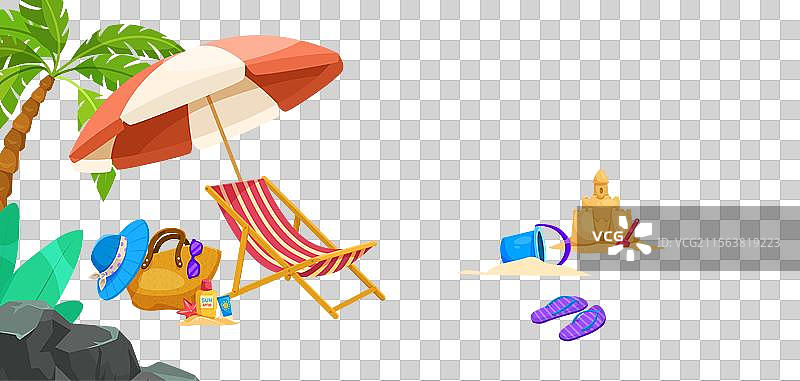 海滩场景，配有伞和躺椅图片素材