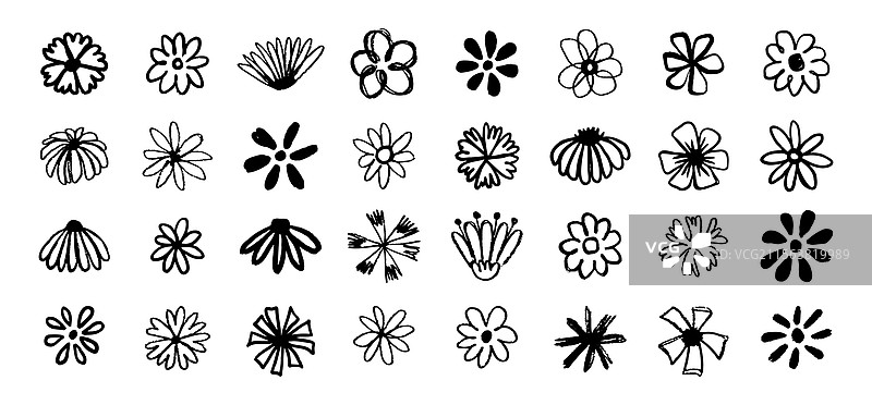 花卉涂鸦刷子风格的花朵图标集图片素材