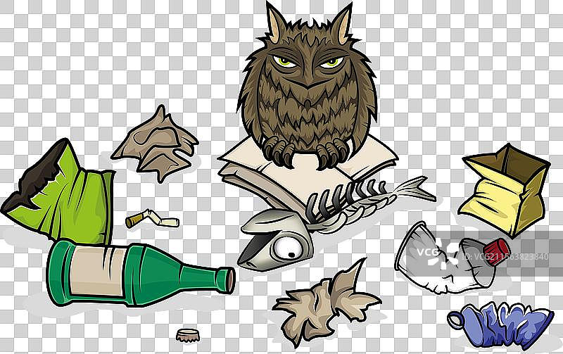 羽毛丰满的猫头鹰坐在书上，周围是垃圾图片素材