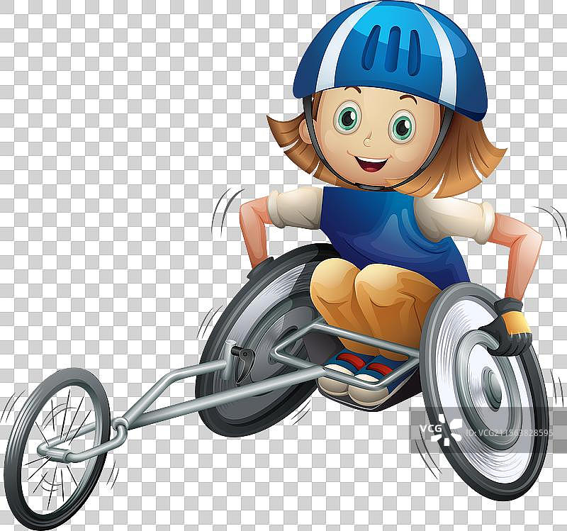 微笑的孩子坐在赛车轮椅中图片素材